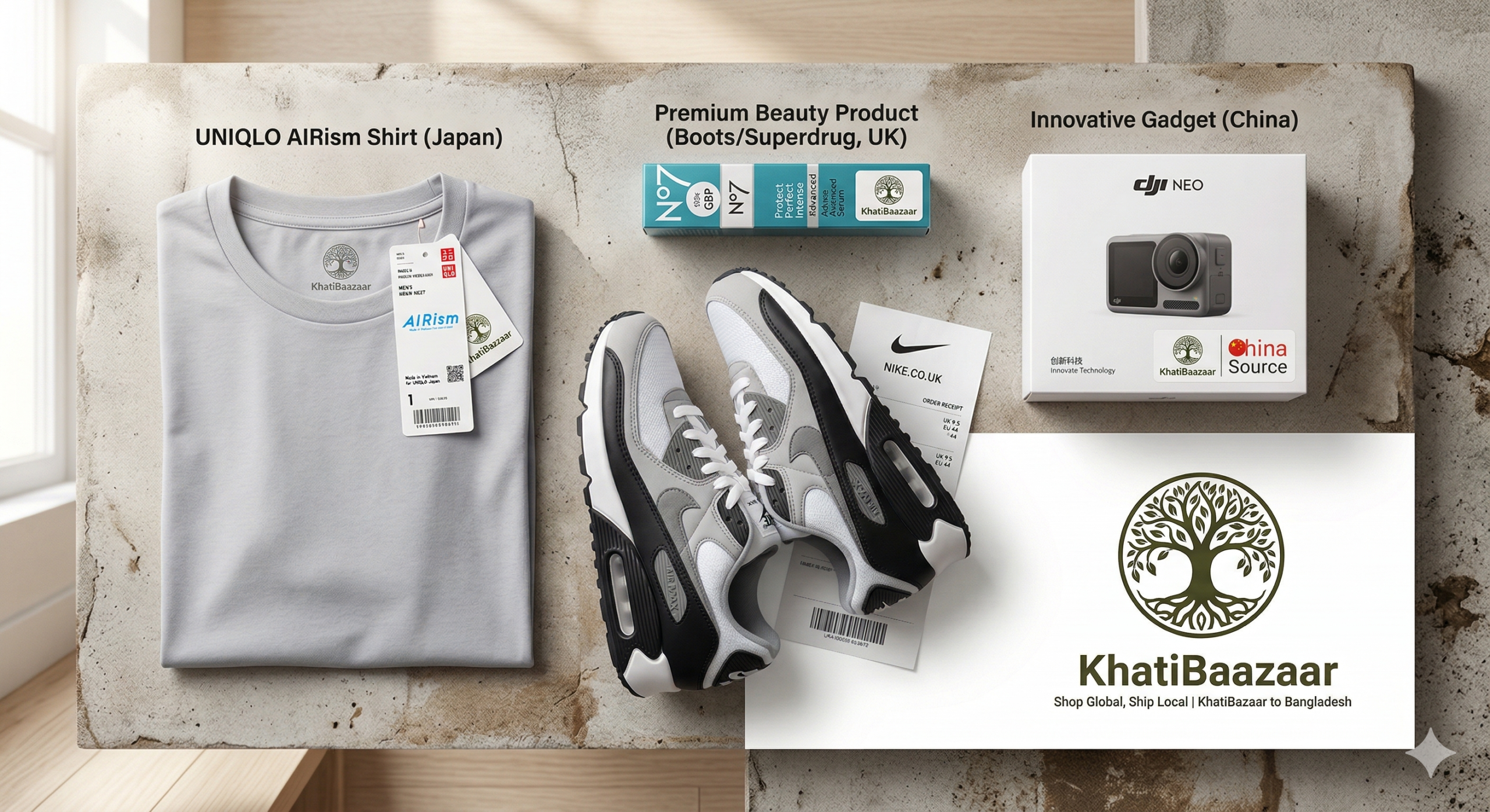 KhatiBaazaar global product sourcing: UNIQLO AIRism from Japan, Nike sneakers from UK, No7 beauty products from Boots, and innovative gadgets from China delivered to Bangladesh.