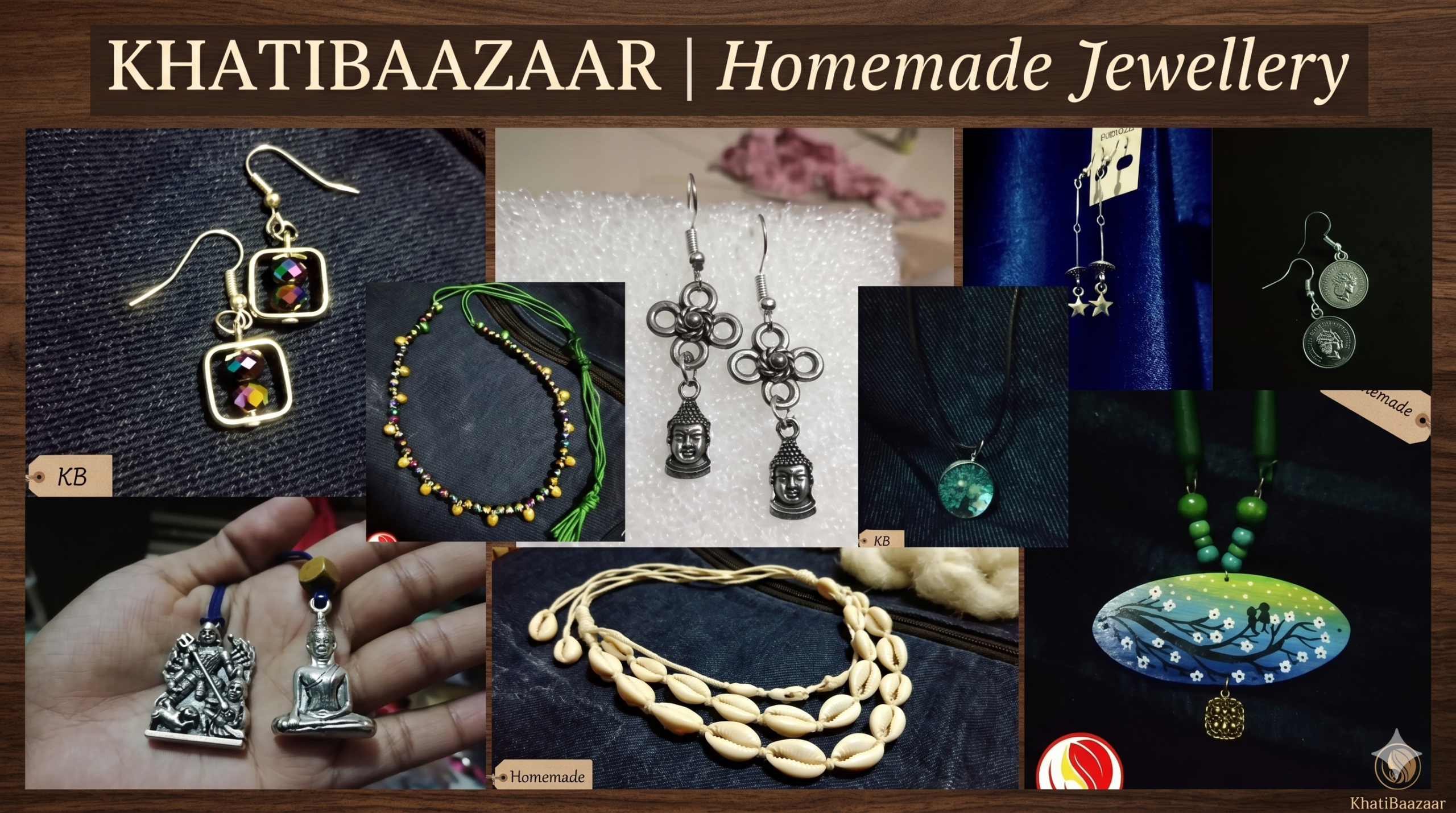 A collection of photos showing homemade jewelry on a wooden background with "KHATIBAAZAAR | Homemade Jewellery" at the top. The jewelry includes silver and beaded earrings and necklaces.