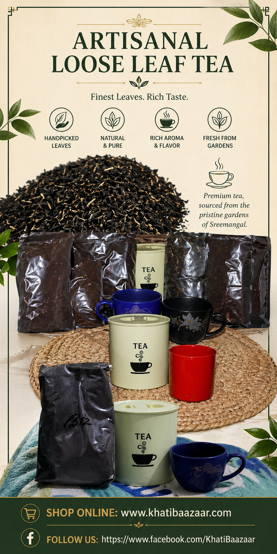 KhatiBaazaar Premium Sreemangal Green Tea Whole Leaves - খাঁটি বাজার শ্রীমঙ্গল গ্রিন টি