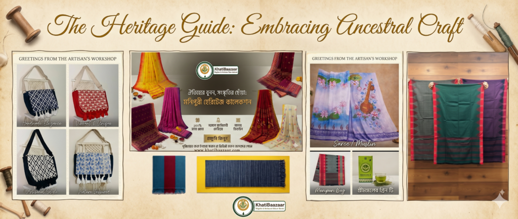 KhatiBaazaar Ancestral Craft Heritage Guide Banner featuring handloom sarees, Manipuri bags, and organic Sreemangal tea