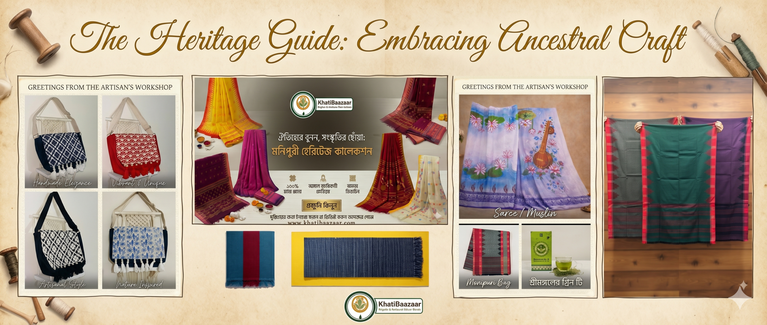 KhatiBaazaar Ancestral Craft Heritage Guide Banner featuring handloom sarees, Manipuri bags, and organic Sreemangal tea