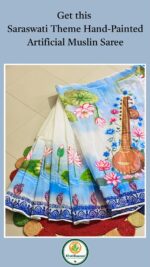 Full layout view of KhatiBaazaar Saraswati theme hand-painted artificial muslin saree displayed on a colorful jute mat with purchase text call-to-action.
