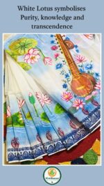 Elegant drape shot of KhatiBaazaar white and blue hand-painted artificial muslin saree showcasing lotus artwork and cultural symbolism text.