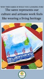 Folded KhatiBaazaar hand-painted artificial muslin saree showcasing a white swan and lotus design on a red round jute mat with heritage text banner.