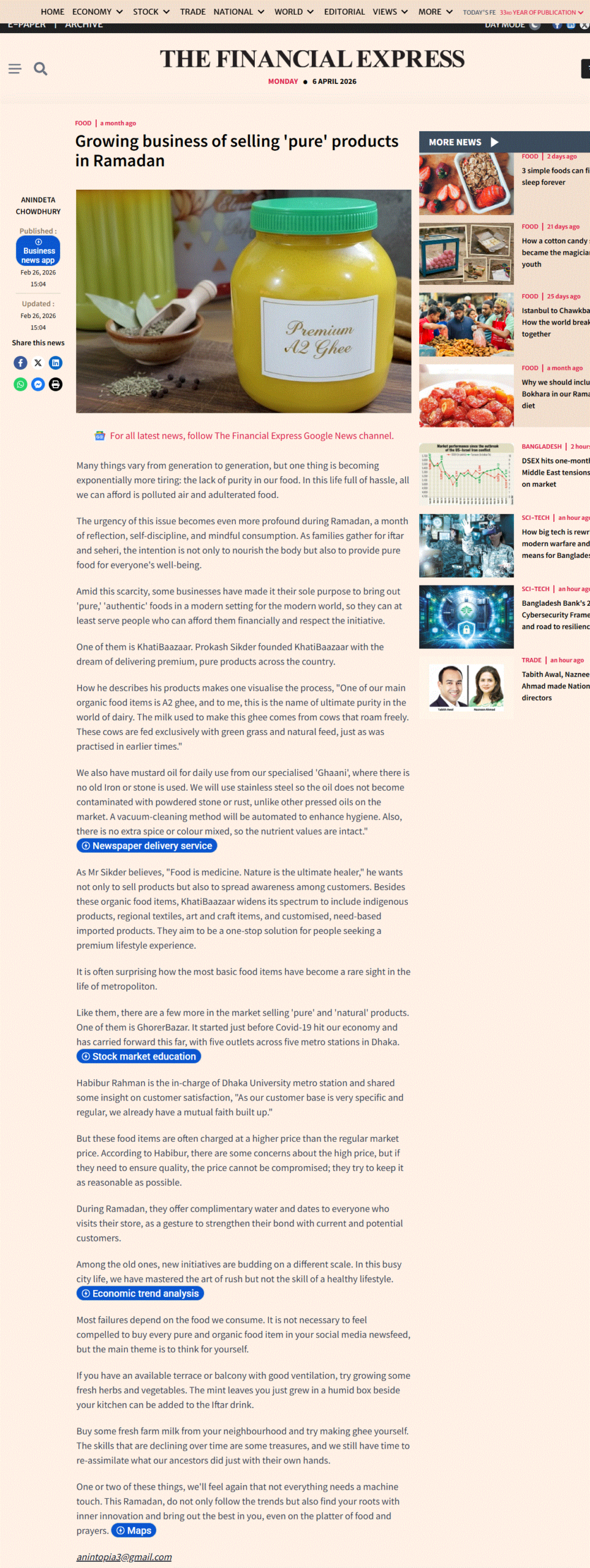 KhatiBaazaar Featured in The Financial Express - Pure A2 Ghee and Organic Foods